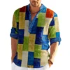 Color Block Patchwork 3D Printed Henley Shirts Men's Fashion Streetwear Stand Collar Long Sleeve Shirt Tops Blouse Man Clothing