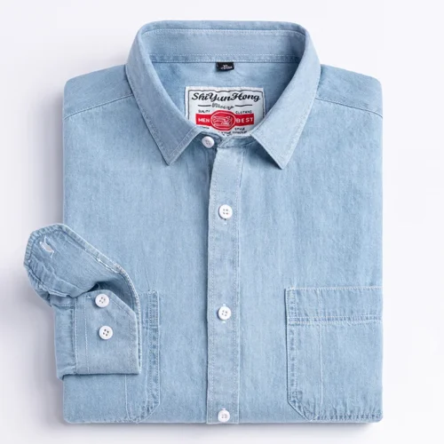 2023 Denim Pocket Design Shirt Classic 100% Cotton Long-Sleeve Fashion Embroider Comfortable Clothes